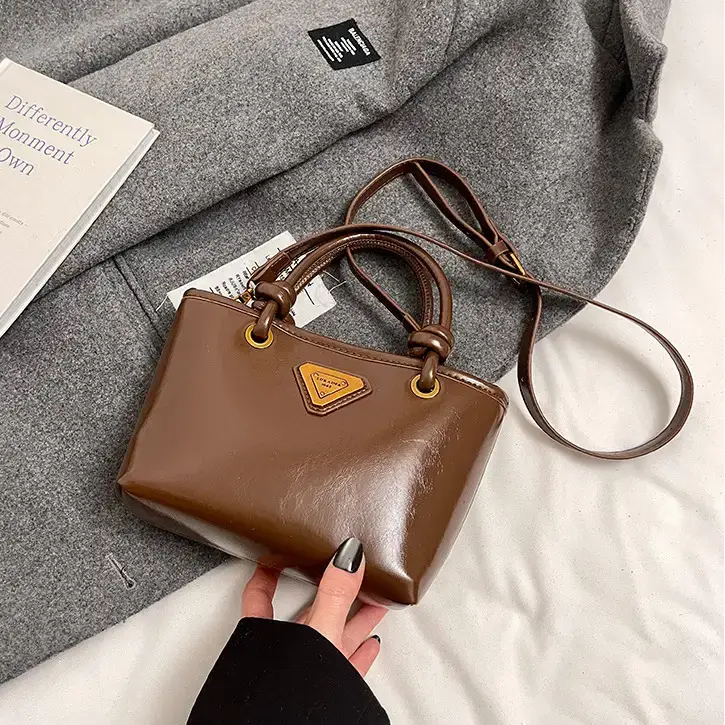 Women's Brown Leather Bucket Bag with Chain Strap - Image 6