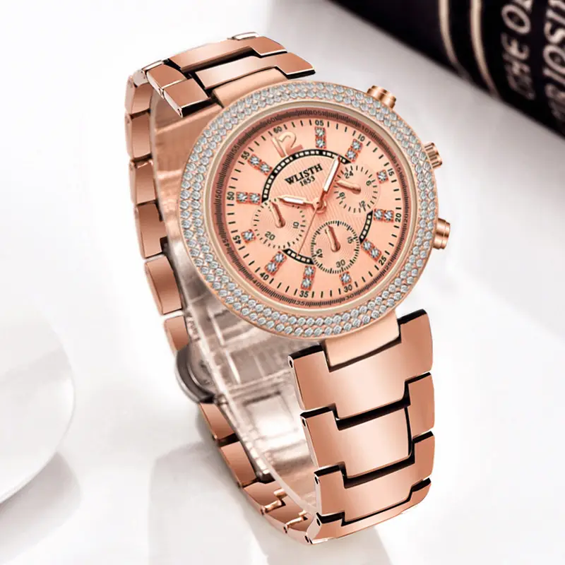 Women's Rose Gold Chronograph Watch with Crystal Bezel - Image 3