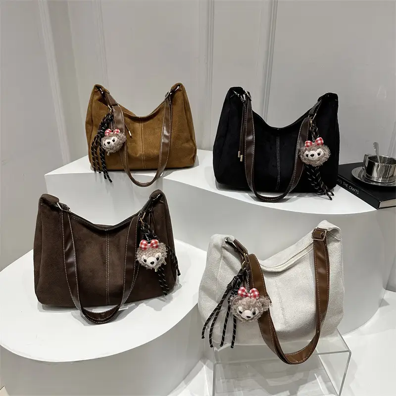 Black Retro Shoulder Bag with Cute Charm