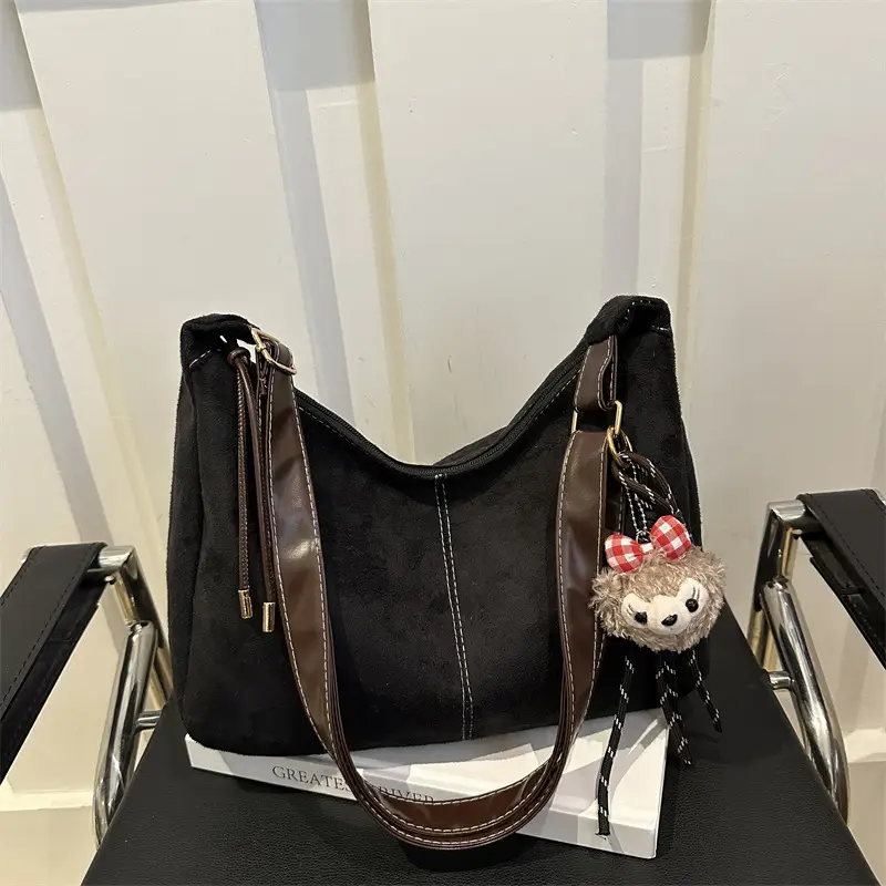 Black Retro Shoulder Bag with Cute Charm