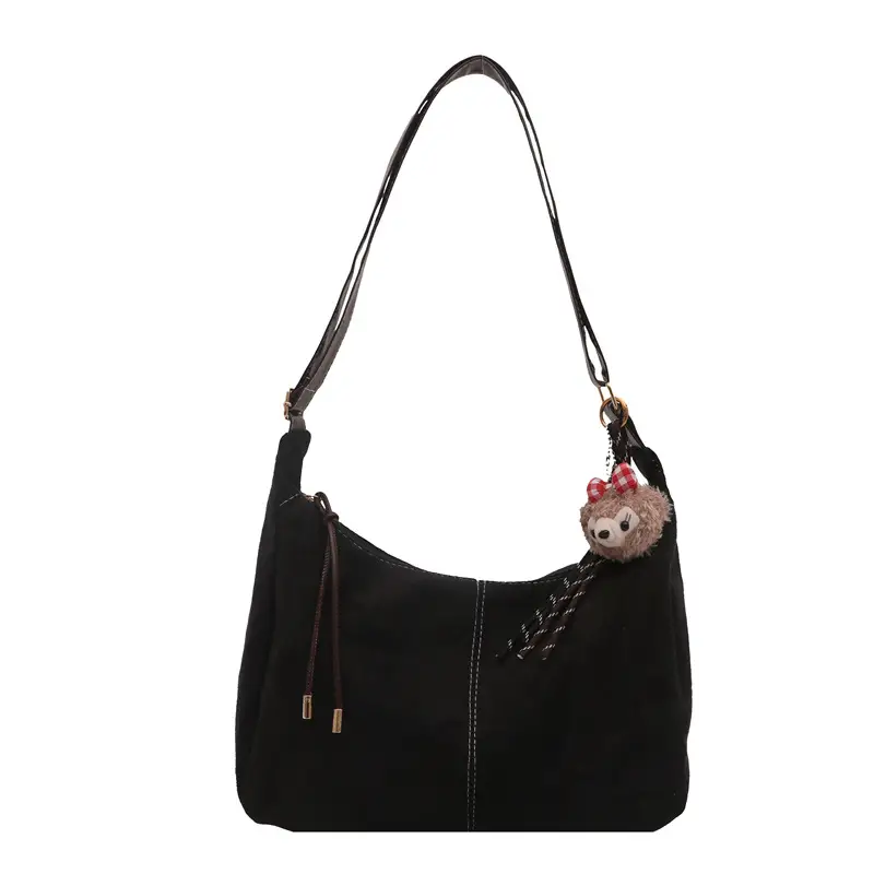 Black Retro Shoulder Bag with Cute Charm