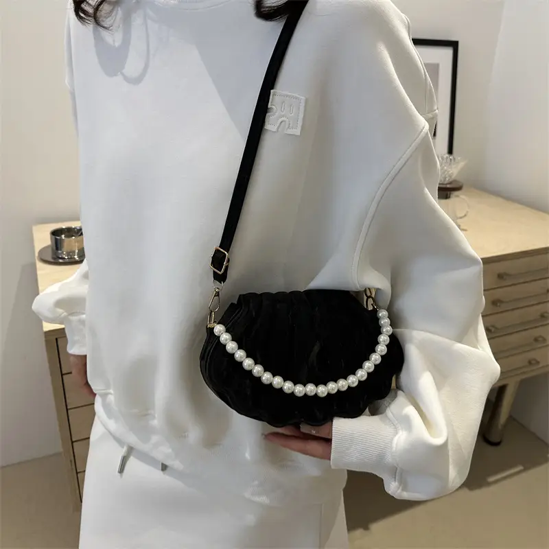 Black Pearl Embellished Shoulder Bag for Women