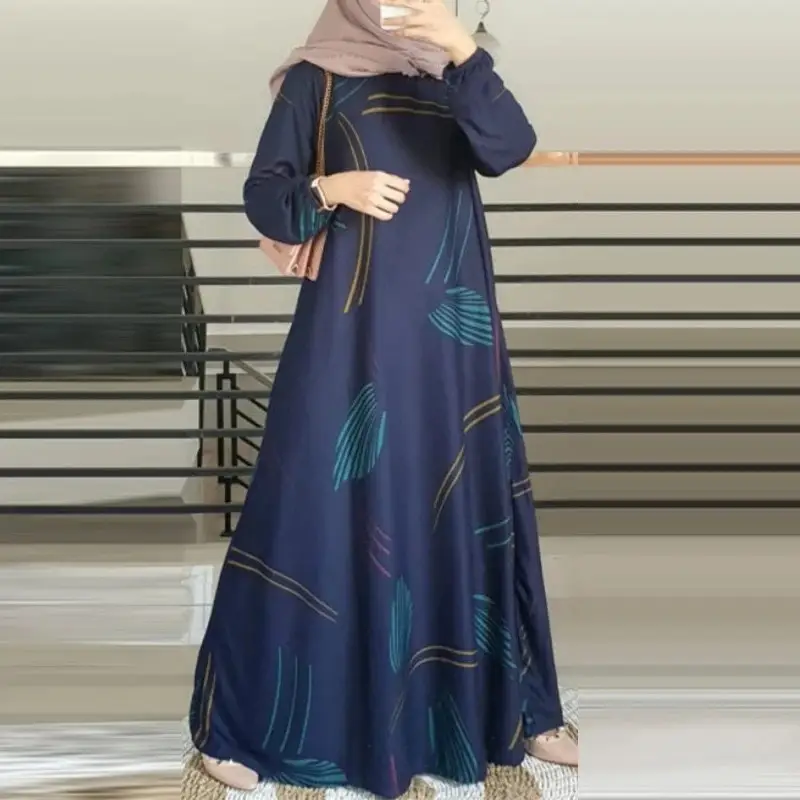 In-Stock Cross-Border New Style Printed Malay Dress with Full Sleeves and Round Neck, Long Gown, Factory Wholesale