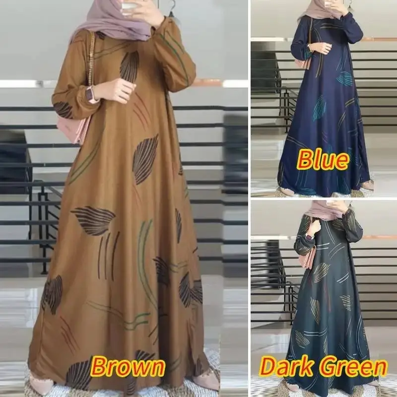 In-Stock Cross-Border New Style Printed Malay Dress with Full Sleeves and Round Neck, Long Gown, Factory Wholesale — feature 2
