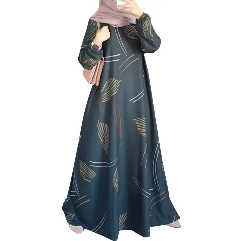 In-Stock Cross-Border New Style Printed Malay Dress with Full Sleeves and Round Neck, Long Gown, Factory Wholesale — feature 3