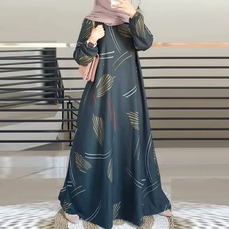 In-Stock Cross-Border New Style Printed Malay Dress with Full Sleeves and Round Neck, Long Gown, Factory Wholesale — feature 7