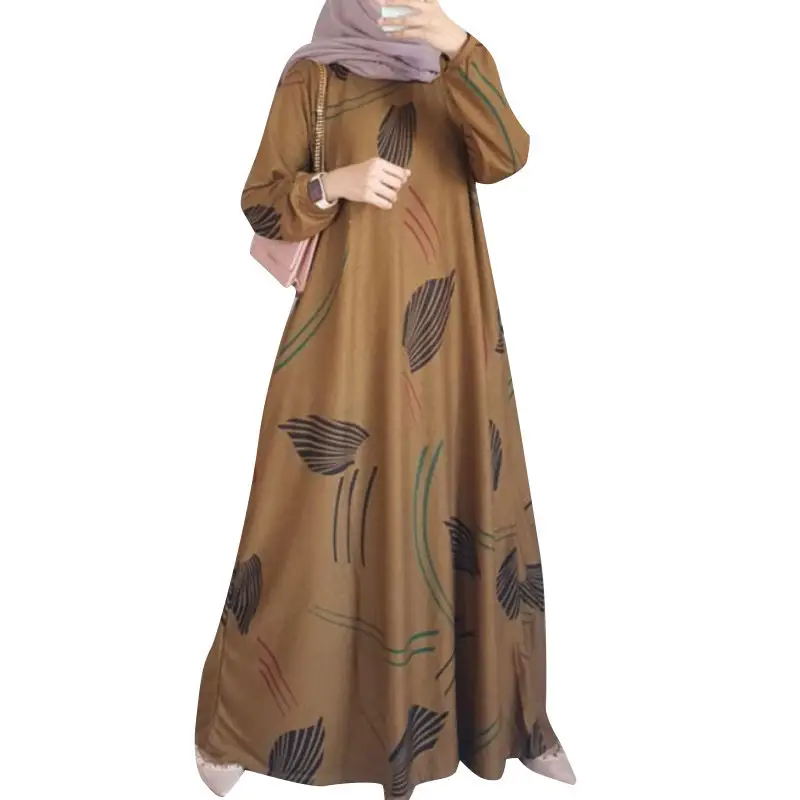 In-Stock Cross-Border New Style Printed Malay Dress with Full Sleeves and Round Neck, Long Gown, Factory Wholesale
