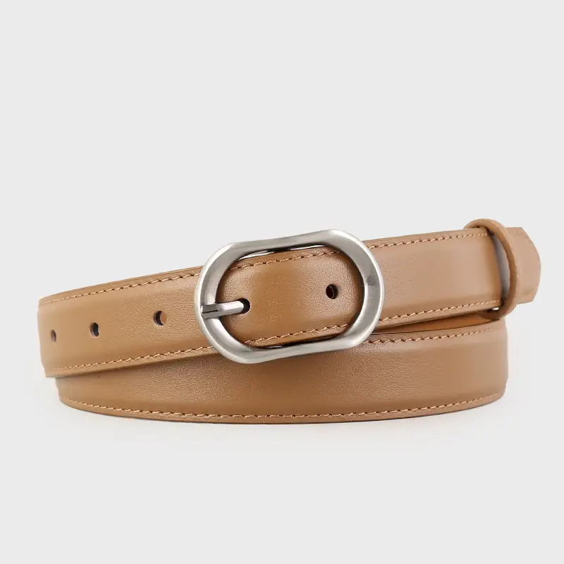 Women Brown Cowhide Belt with Silver Buckle 2024