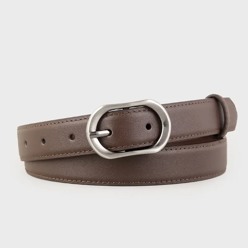 Women Brown Cowhide Belt with Silver Buckle 2024