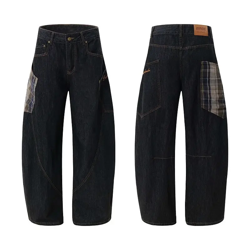 Men Women Dark Blue Slimming Wide Leg Jeans Machete Stitching