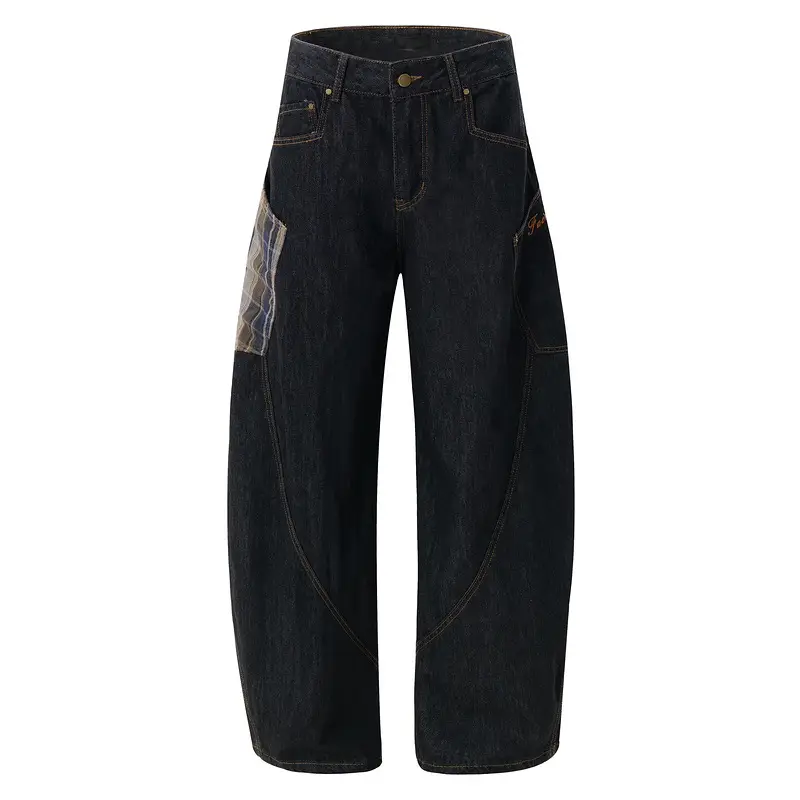 Men Women Dark Blue Slimming Wide Leg Jeans Machete Stitching