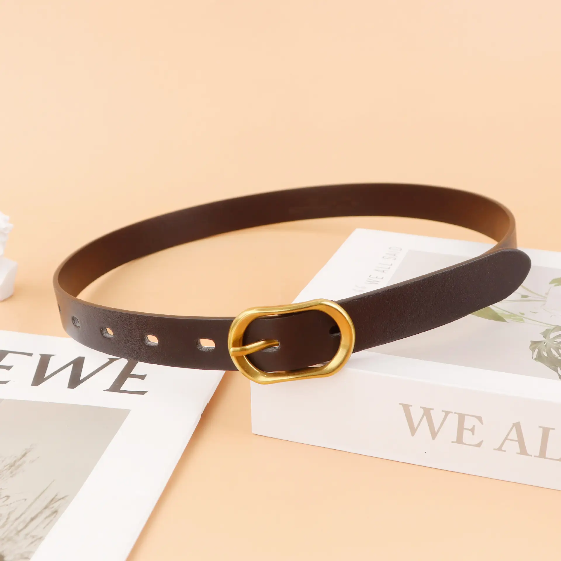 Women's Brown French Style Belt with Gold Pin Buckle - Image 5