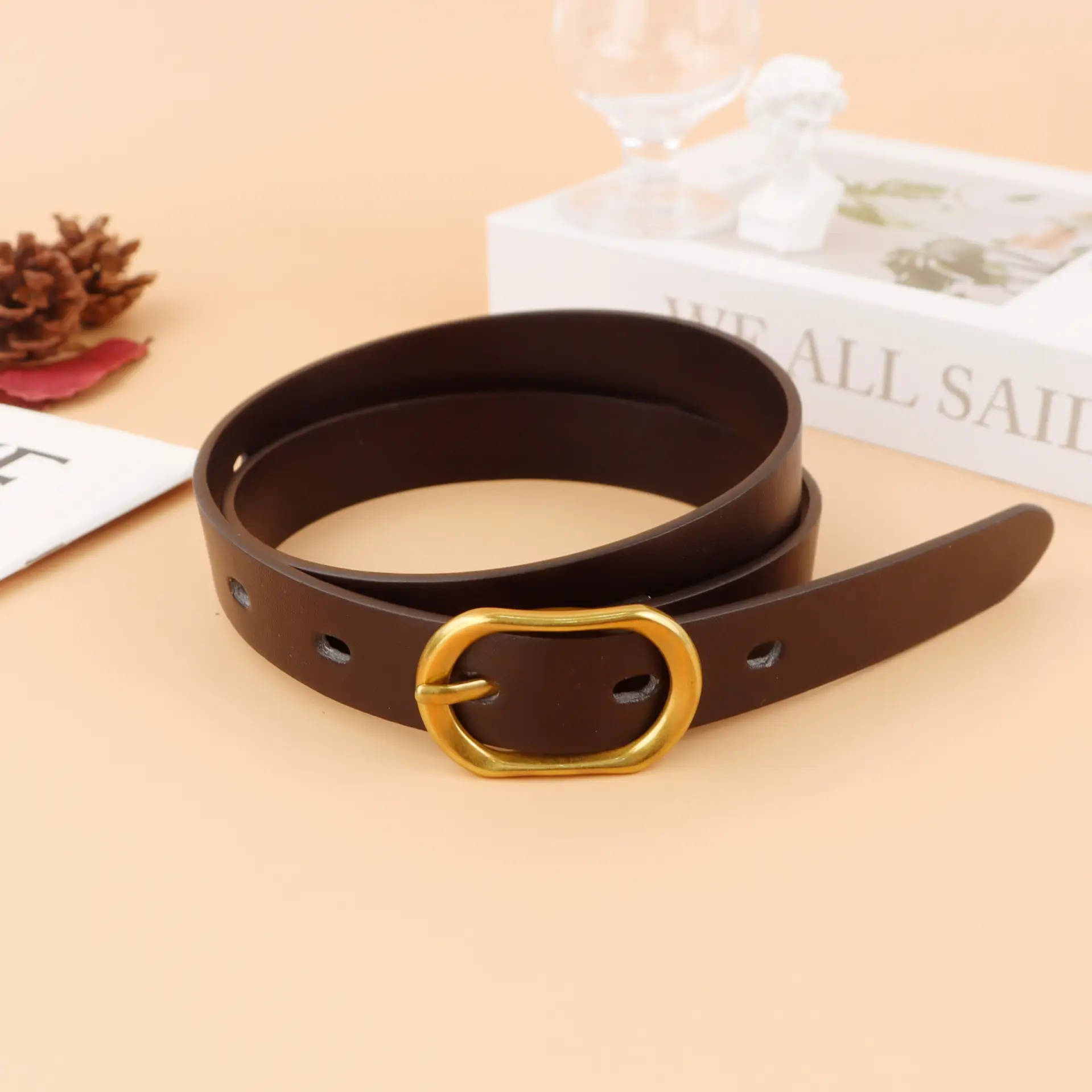 Women's Brown French Style Belt with Gold Pin Buckle - Image 2