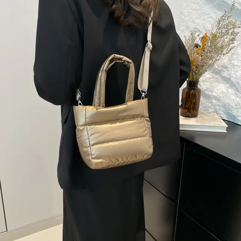 Women's Nylon Down Shoulder Bag Gray Artistic Stitching - Image 8
