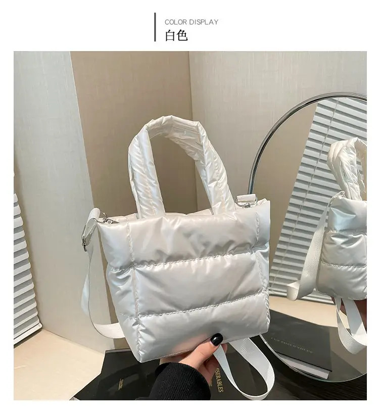 Women's Nylon Down Shoulder Bag Gray Artistic Stitching — feature 12