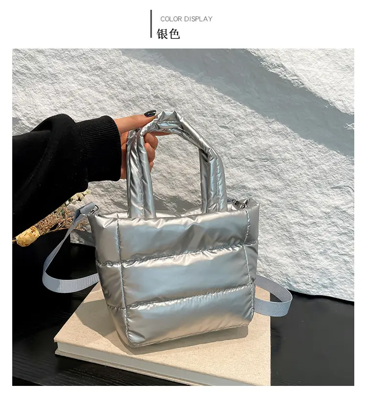 Women's Nylon Down Shoulder Bag Gray Artistic Stitching — feature 13