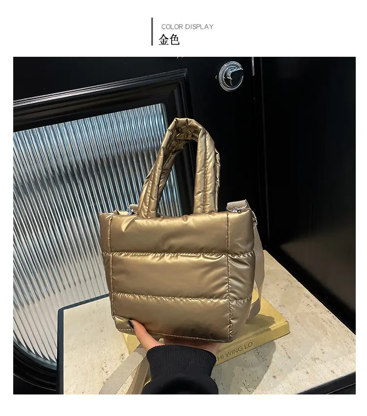 Women's Nylon Down Shoulder Bag Gray Artistic Stitching — feature 15