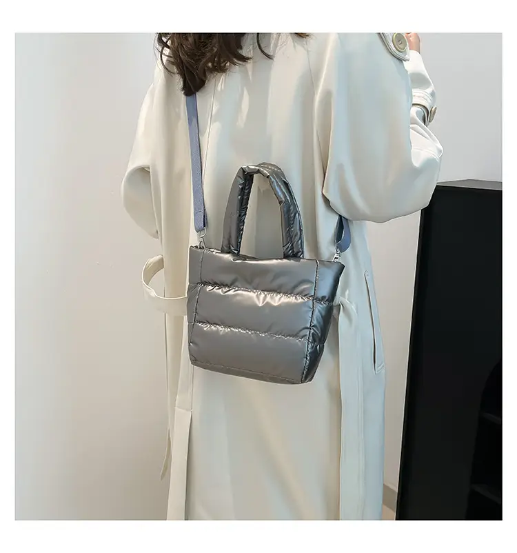 Women's Nylon Down Shoulder Bag Gray Artistic Stitching — feature 16