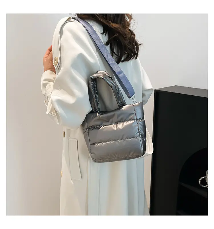 Women's Nylon Down Shoulder Bag Gray Artistic Stitching — feature 17