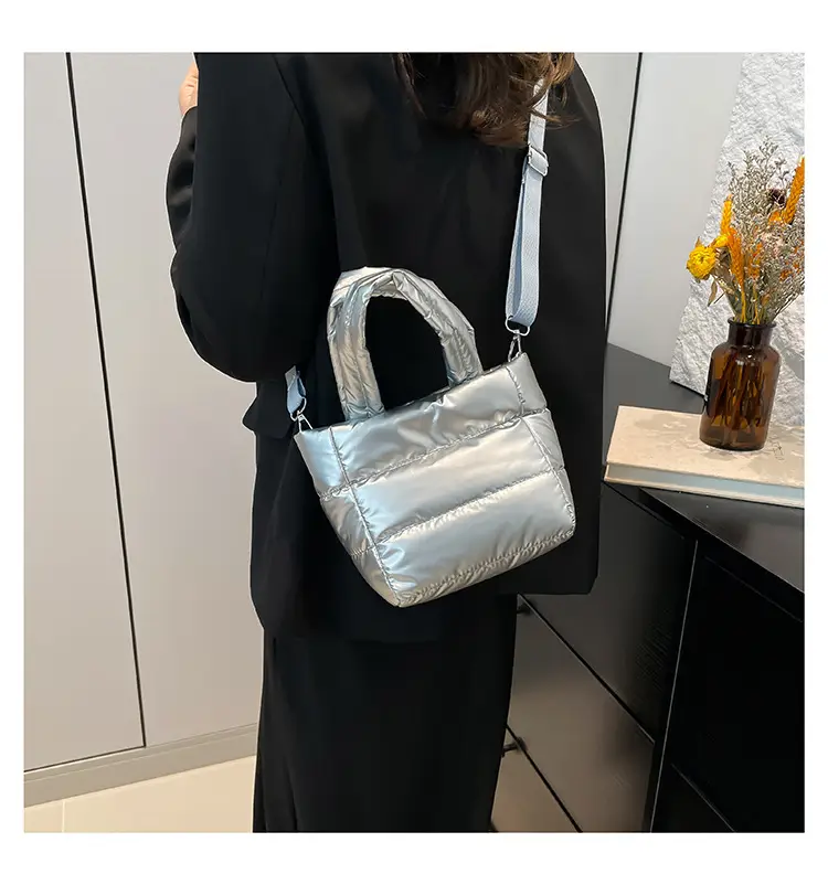 Women's Nylon Down Shoulder Bag Gray Artistic Stitching — feature 21