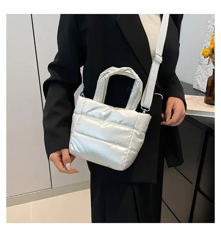 Women's Nylon Down Shoulder Bag Gray Artistic Stitching — feature 22
