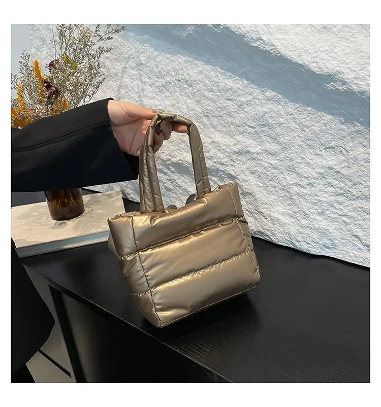 Women's Nylon Down Shoulder Bag Gray Artistic Stitching — feature 24