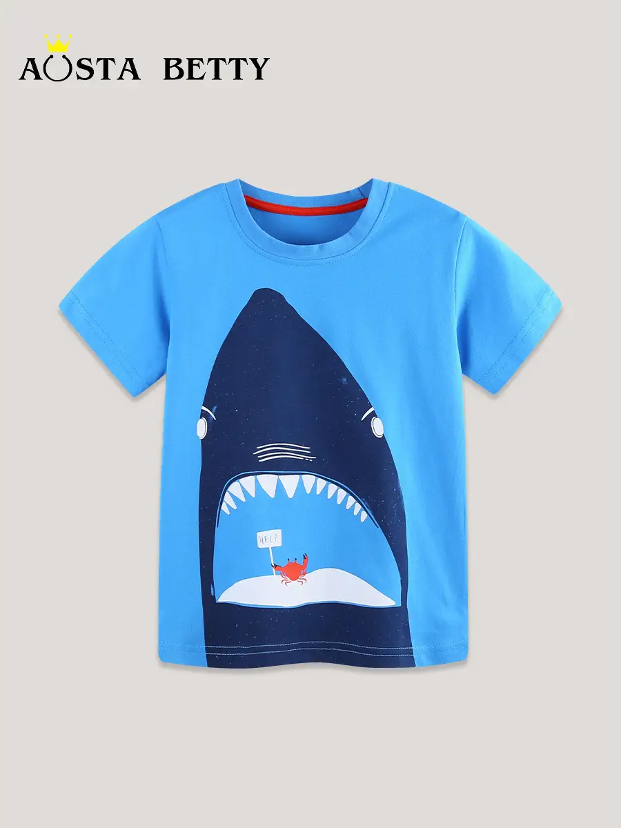 Kids Shark Print T-Shirt Blue Round Neck Short Sleeve