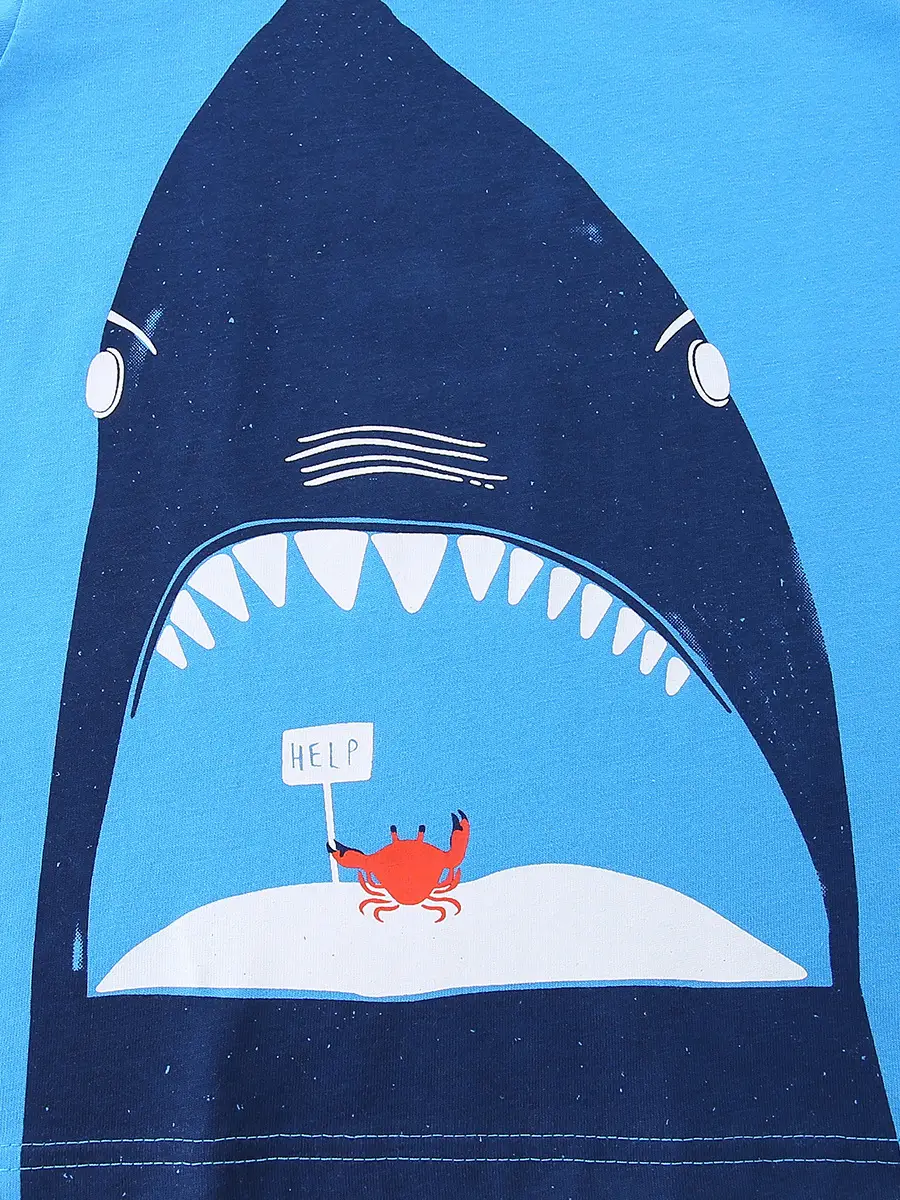 Kids Shark Print T-Shirt Blue Round Neck Short Sleeve