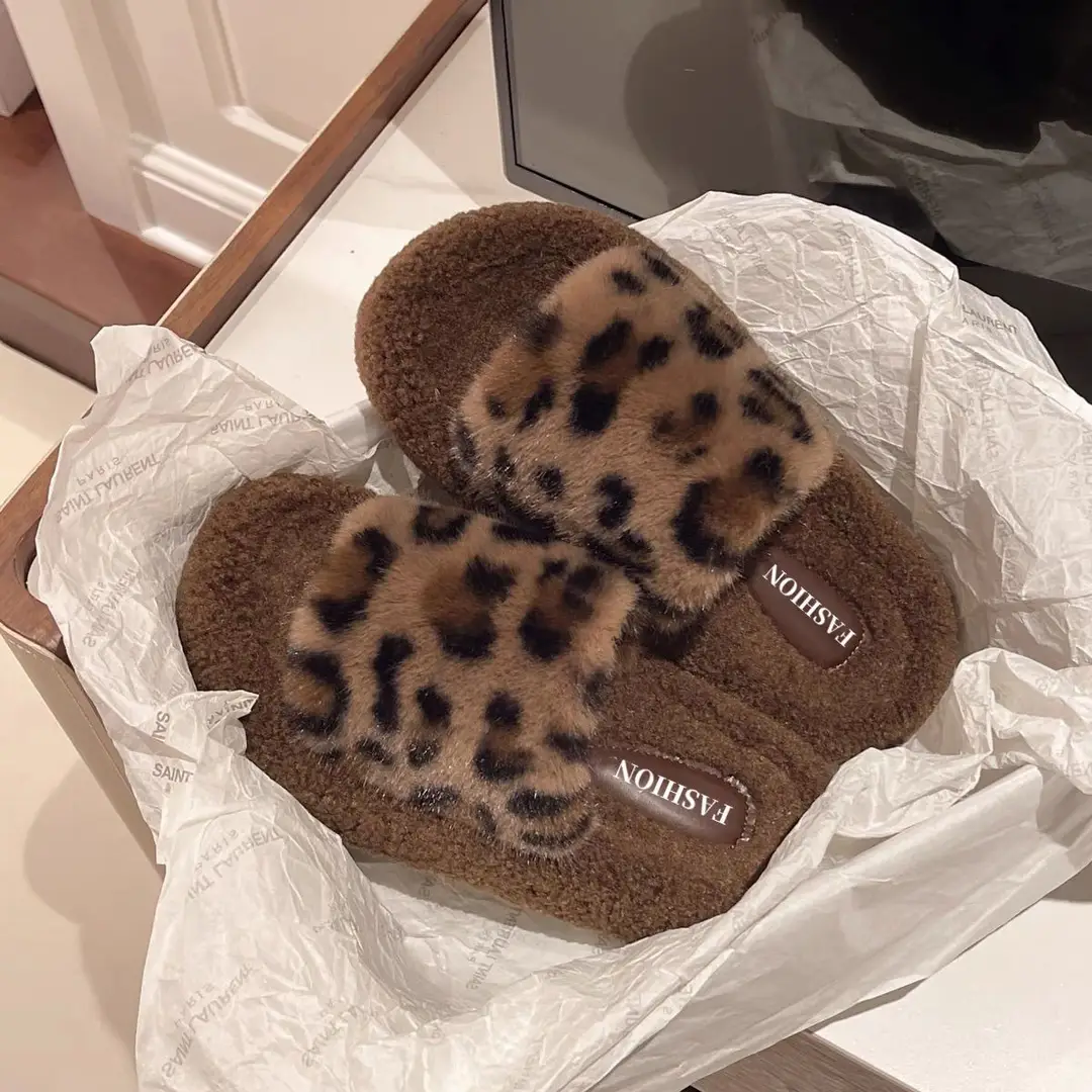 Thick Bottom Leopard Print Mao Mao Slippers Women's 2024 Autumn and Winter New Internet Celebrous Hot Style Soft Bottom Home Cotton Slippers