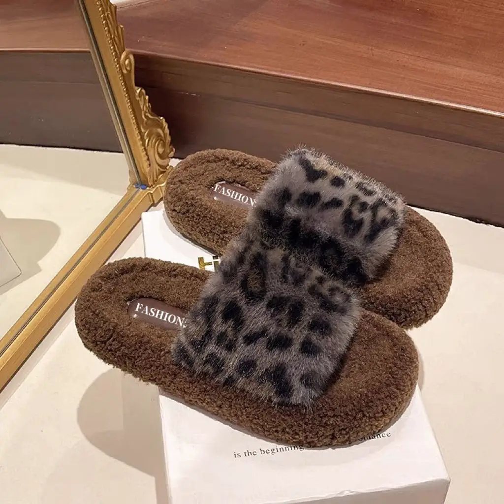 Thick Bottom Leopard Print Mao Mao Slippers Women's 2024 Autumn and Winter New Internet Celebrous Hot Style Soft Bottom Home Cotton Slippers
