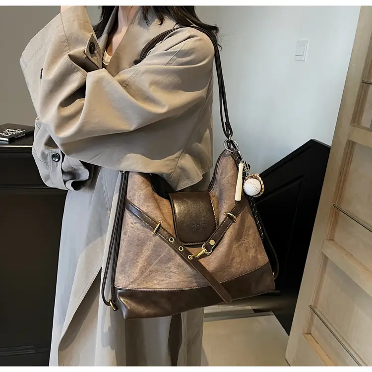 Women's Grey Leather Shoulder Bag with Tassel — feature 30