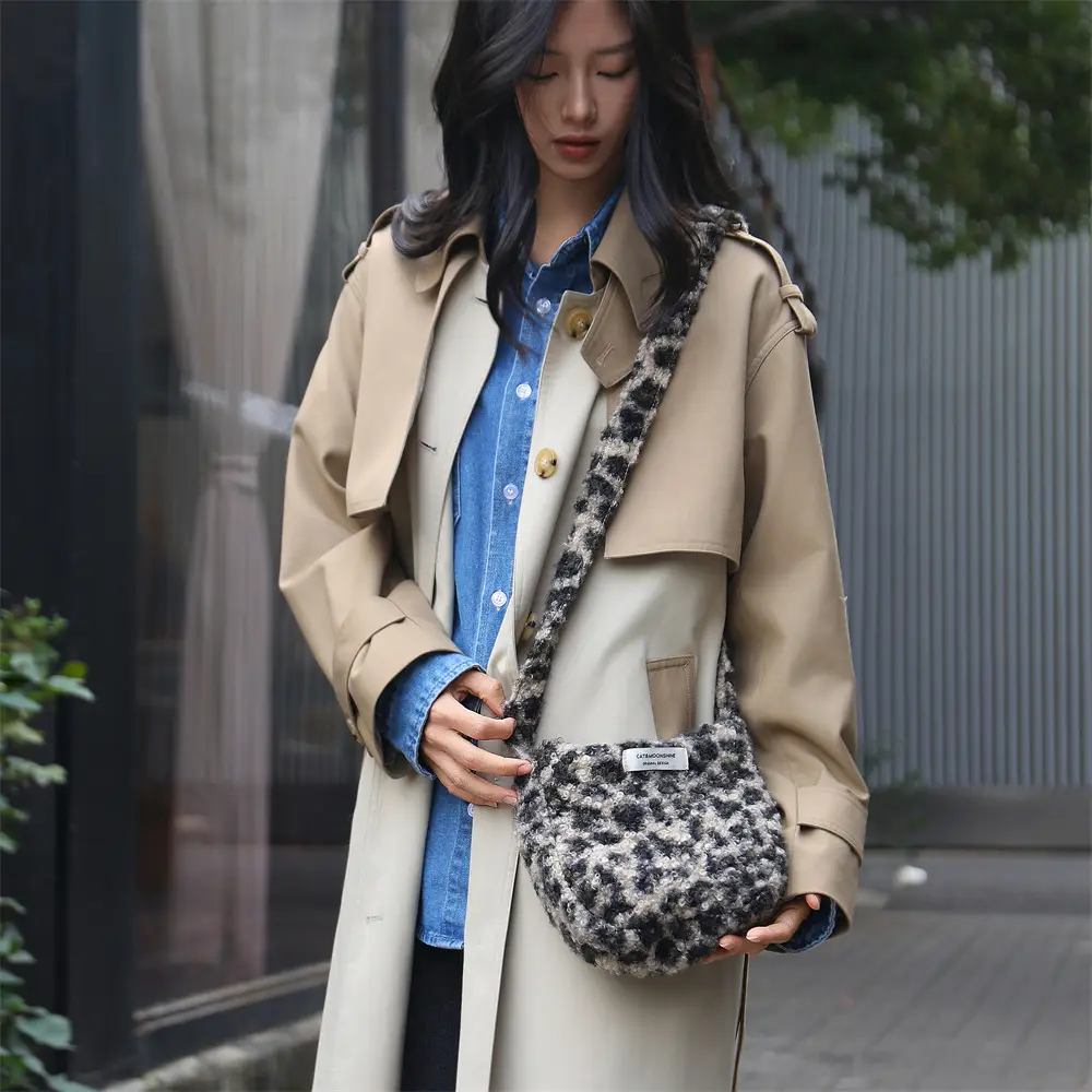 Korean Style Plush Shoulder Bag Women's Woolen Black Grey - Image 12