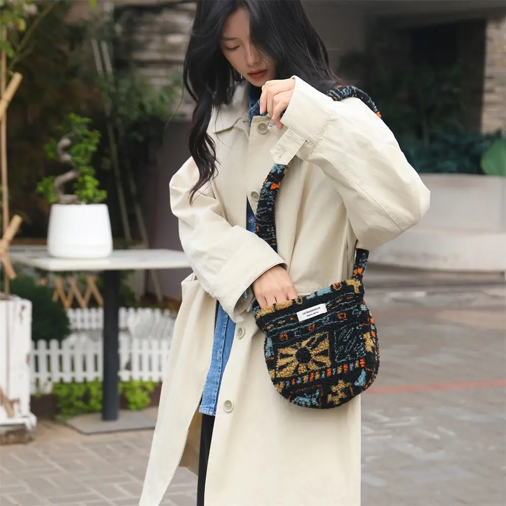 Korean Style Plush Shoulder Bag Women's Woolen Black Grey — feature 14