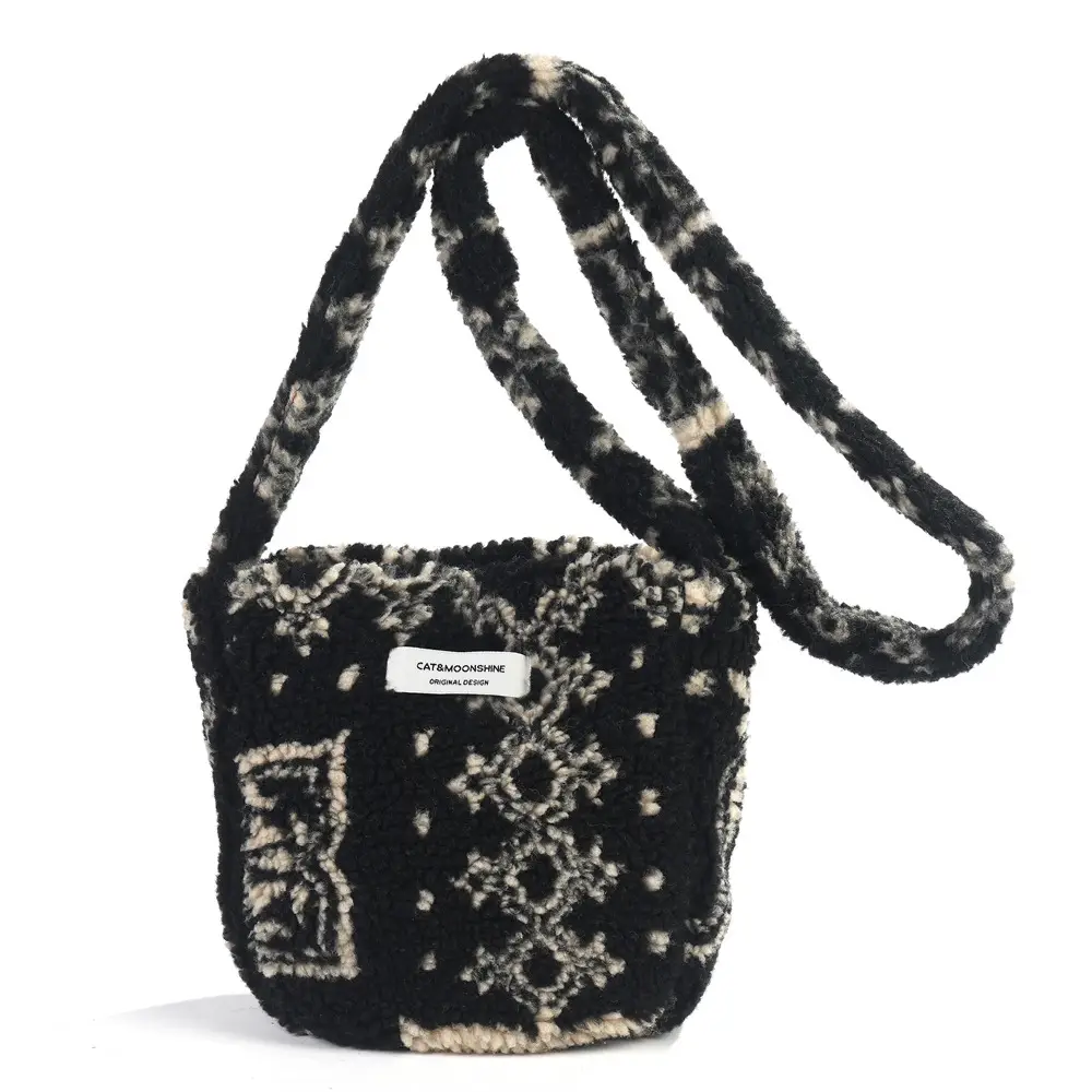 Korean Style Plush Shoulder Bag Women's Woolen Black Grey — feature 3
