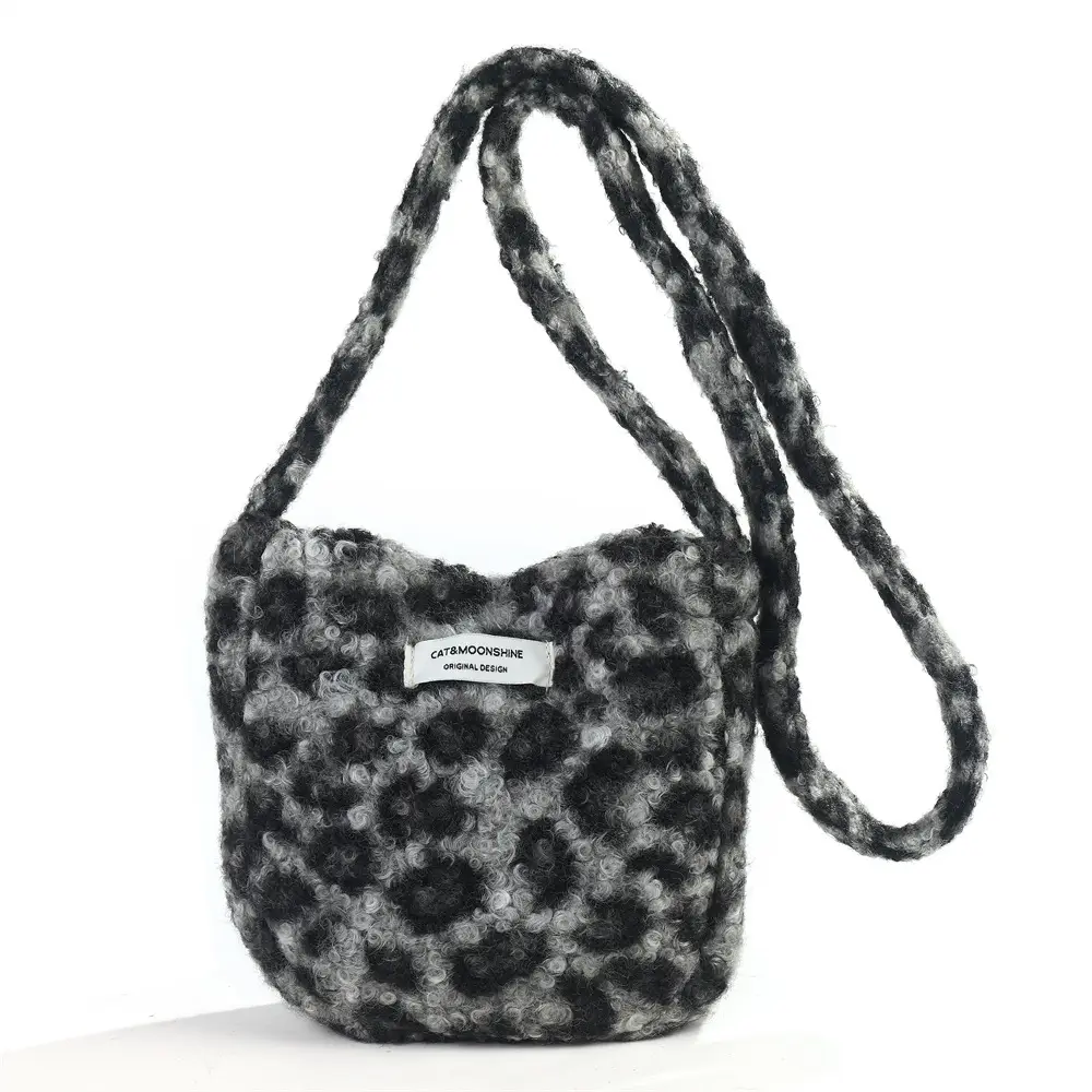 Korean Style Plush Shoulder Bag Women's Woolen Black Grey — feature 7