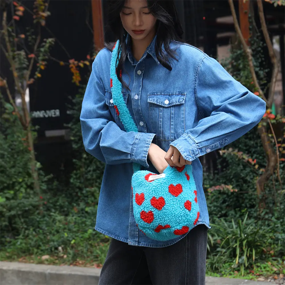 Korean Style Plush Shoulder Bag Women's Woolen Black Grey — feature 9