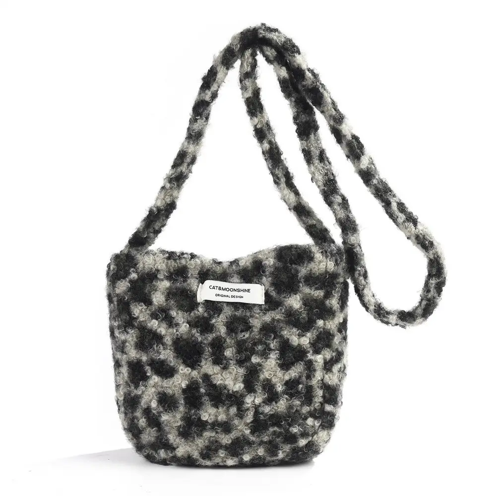 Korean Style Plush Shoulder Bag Women's Woolen Black Grey - Image 2