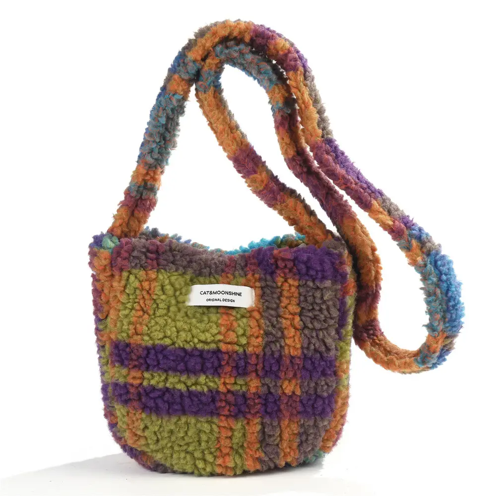 Korean Style Plush Shoulder Bag Women's Woolen Black Grey - Image 4