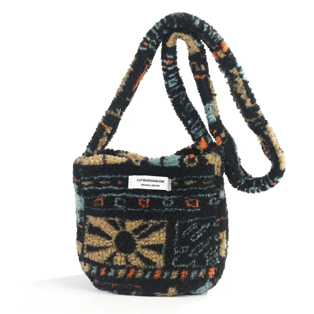 Korean Style Plush Shoulder Bag Women's Woolen Black Grey - Image 5