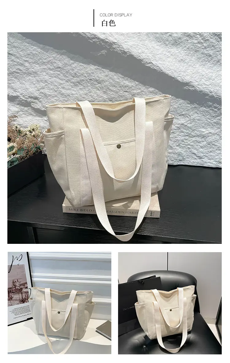White Canvas Large Tote Bag for Work & Commute — feature 12