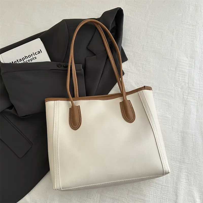 Women's Large Capacity Shoulder Bag White Brown Leather - Image 2