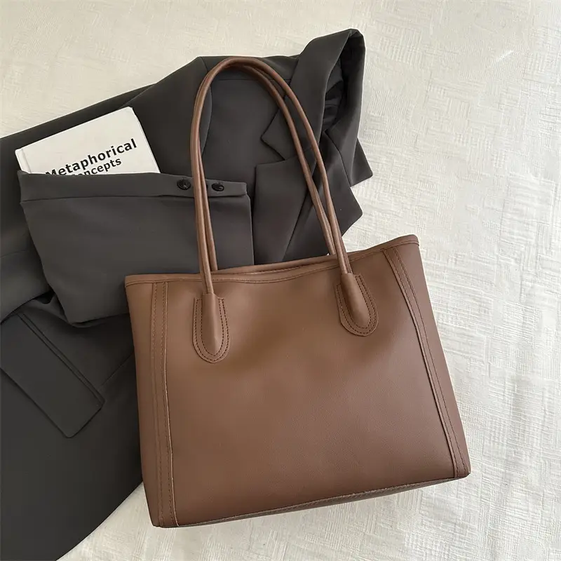 Women's Large Capacity Shoulder Bag White Brown Leather - Image 3