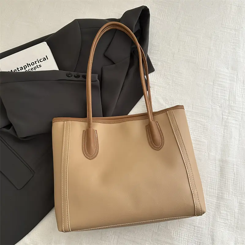 Women's Large Capacity Shoulder Bag White Brown Leather - Image 4