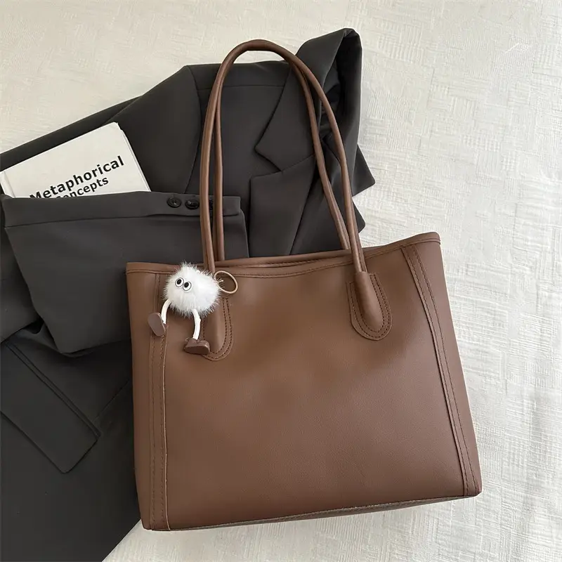 Women's Large Capacity Shoulder Bag White Brown Leather - Image 7