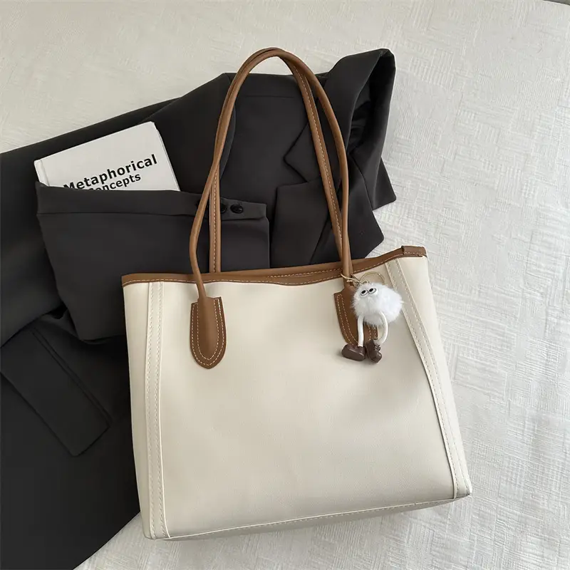 Women's Large Capacity Shoulder Bag White Brown Leather - Image 8