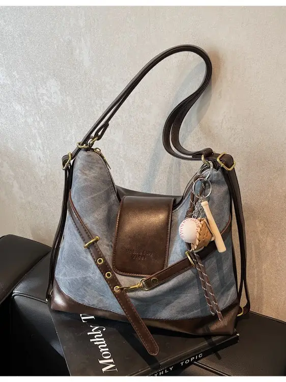 Women's Grey Leather Shoulder Bag with Tassel - Image 7