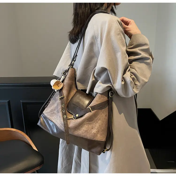Women's Grey Leather Shoulder Bag with Tassel — feature 28