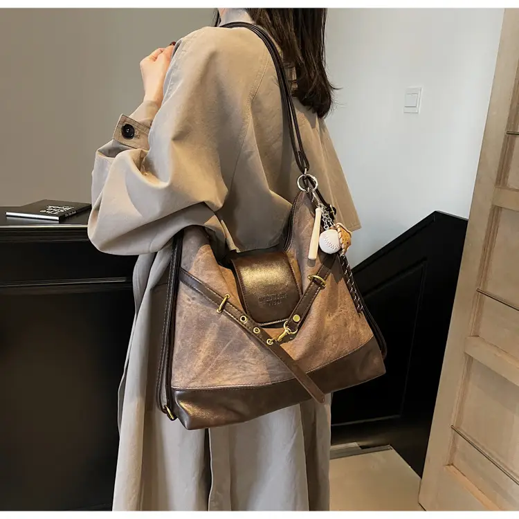 Women's Grey Leather Shoulder Bag with Tassel — feature 29