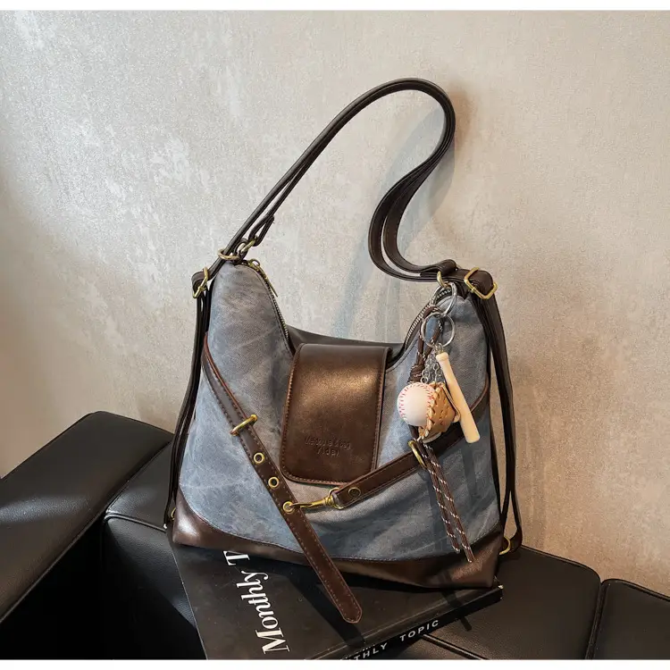 Women's Grey Leather Shoulder Bag with Tassel - Image 2