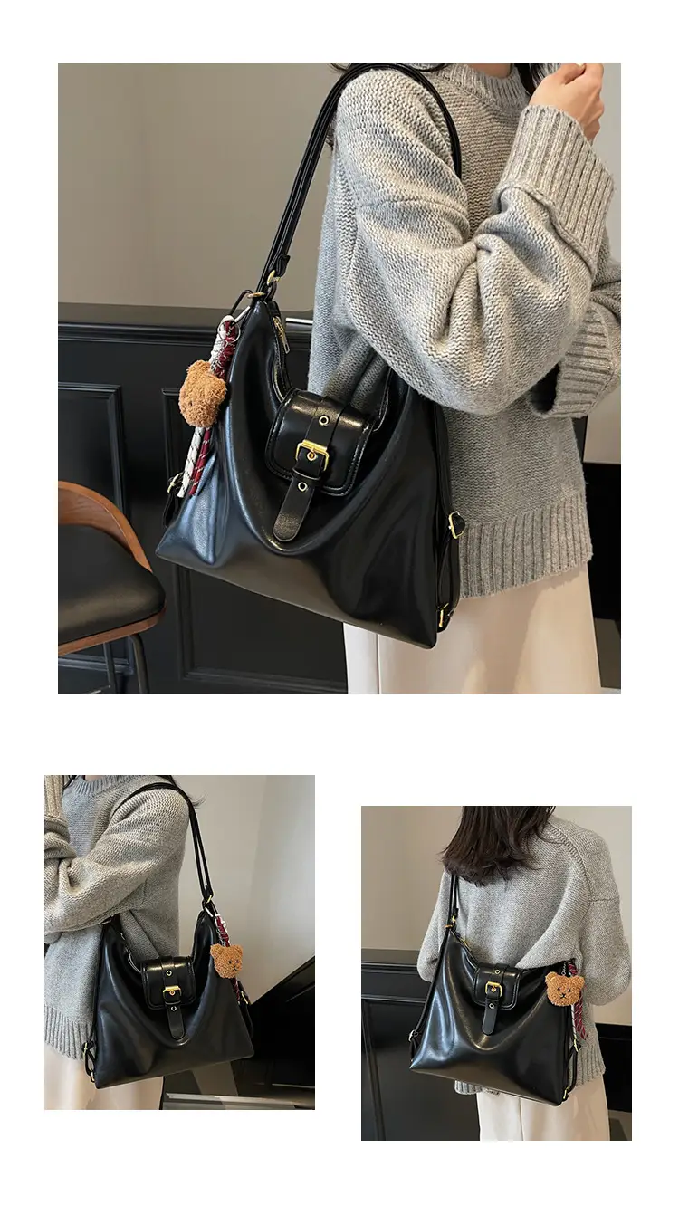 Black Leather Shoulder Bag for Women Large Capacity Vintage Style — feature 15